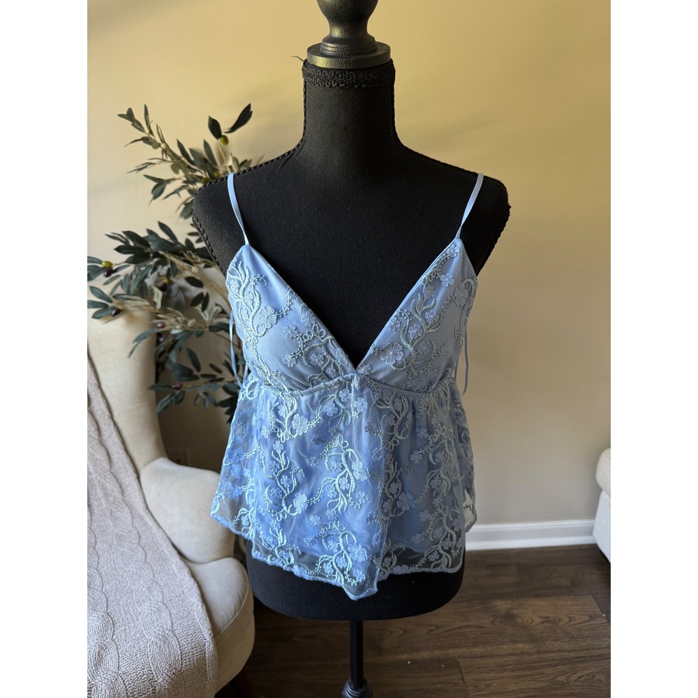 Thirty Thirty LA Light Blue Floral Embroidered Mesh Camisole Tank Top Large